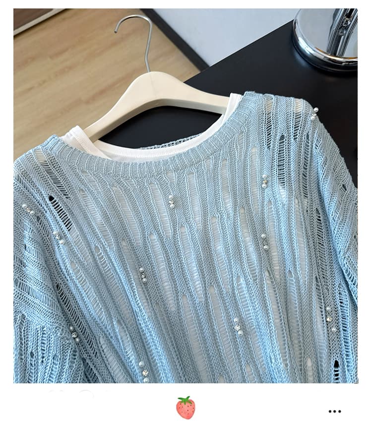 실사 빅 사이즈 느긋한 외국 가스 홀로우 아웃 비즈 박기 슬림해 보이는 패션 연령 감소 얇은 스타일 니트 맨위 보내기 조끼 상세 이미지 8