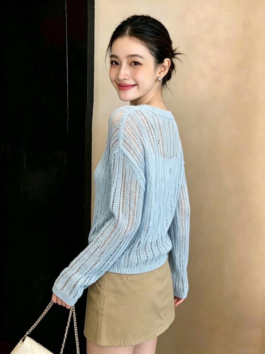실사 빅 사이즈 느긋한 외국 가스 홀로우 아웃 비즈 박기 슬림해 보이는 패션 연령 감소 얇은 스타일 니트 맨위 에어컨 블라우스 여성 상세 이미지 13
