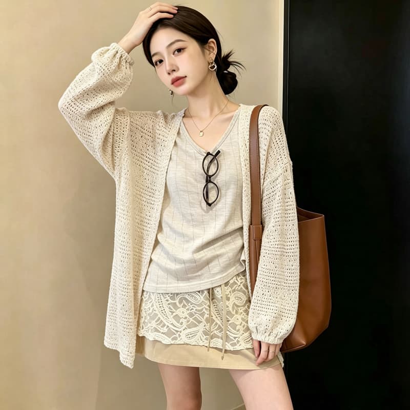 실사 빅 사이즈 이른 가을 홀로우 아웃 자수 느긋한 오픈 가디건 루즈핏 외국 가스 니트 지방 mm 슬림해 보이는 다용도 맨위 여성 이미지 2