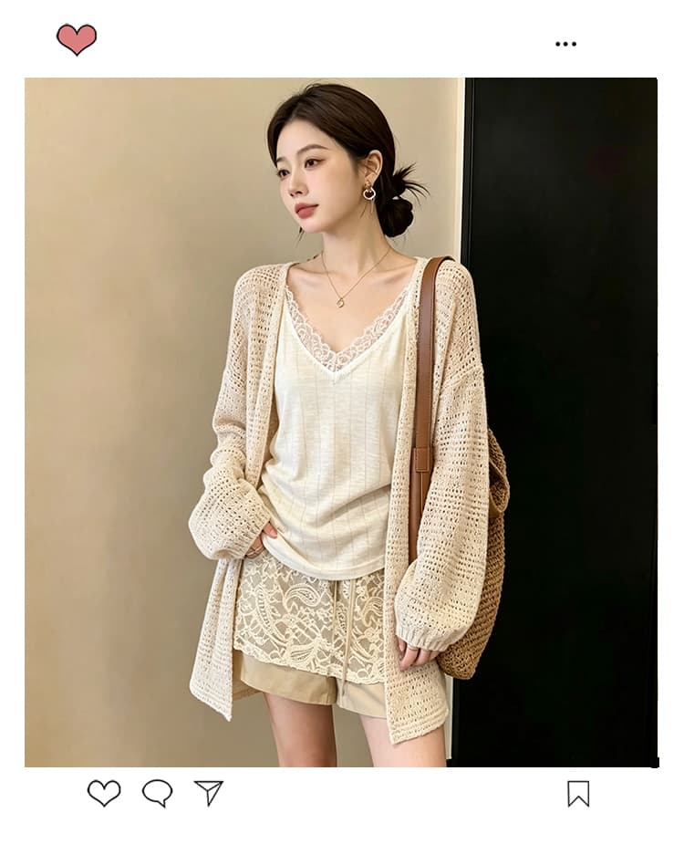 실사 빅 사이즈 이른 가을 홀로우 아웃 자수 느긋한 오픈 가디건 루즈핏 외국 가스 니트 지방 mm 슬림해 보이는 다용도 맨위 여성 상세 이미지 1
