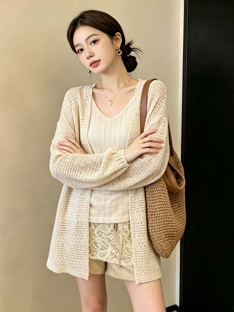 실사 빅 사이즈 이른 가을 홀로우 아웃 자수 느긋한 오픈 가디건 루즈핏 외국 가스 니트 지방 mm 슬림해 보이는 다용도 맨위 여성 상세 이미지 12