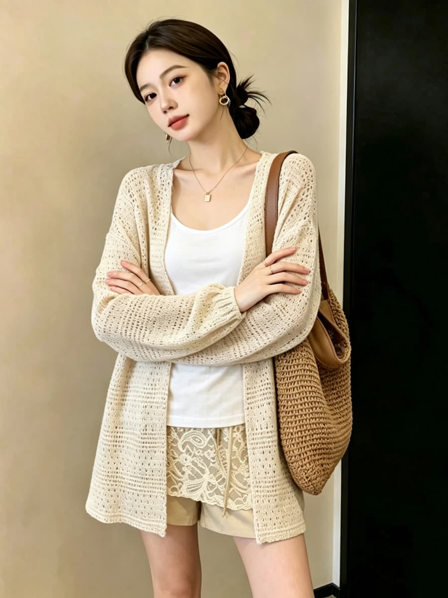 실사 빅 사이즈 이른 가을 홀로우 아웃 자수 느긋한 오픈 가디건 루즈핏 외국 가스 니트 지방 mm 슬림해 보이는 다용도 맨위 여성 상세 이미지 14