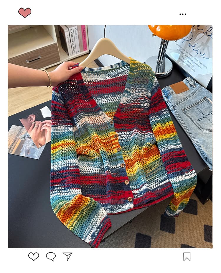 실사 빅 사이즈 홀로우 아웃 외국 가스 무지개 기사 슬림해 보이는 다용도 니트 오픈 가디건 지방 mm 에어컨 블라우스 맨위 여성 상세 이미지 1