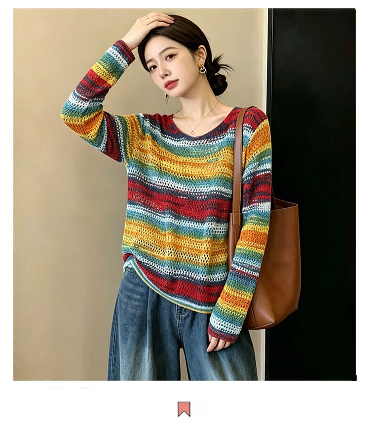 실사 빅 사이즈 이른 가을 홀로우 아웃 외국 가스 무지개 기사 슬림해 보이는 다용도 니트 오픈 가디건 지방 mm 블라우스 긴팔 맨위 여성 상세 이미지 2