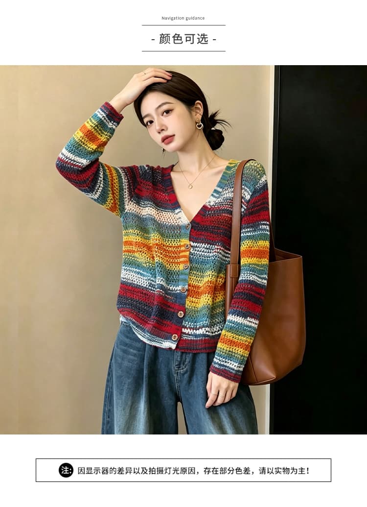 실사 빅 사이즈 이른 가을 홀로우 아웃 외국 가스 무지개 기사 슬림해 보이는 다용도 니트 오픈 가디건 지방 mm 블라우스 긴팔 맨위 여성 상세 이미지 4