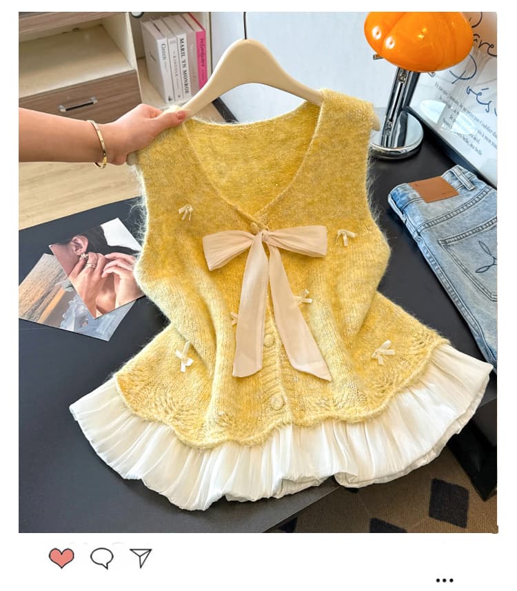 실사 빅 사이즈 이른 가을 외국 가스 나비 매듭 패치워크 니트 조끼 지방 mm 슬림해 보이는 연령 감소 스택 착용 베스트 맨위 여성 상세 이미지 11