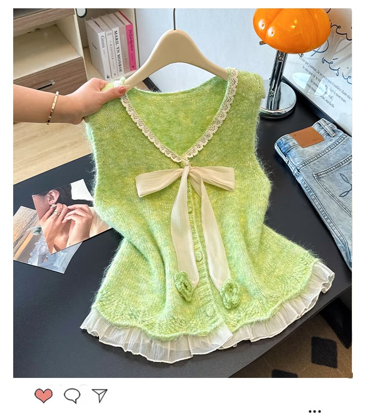 실사 빅 사이즈 이른 가을 외국 가스 나비 매듭 패치워크 니트 조끼 지방 mm 슬림해 보이는 연령 감소 스택 착용 베스트 맨위 여성 상세 이미지 11