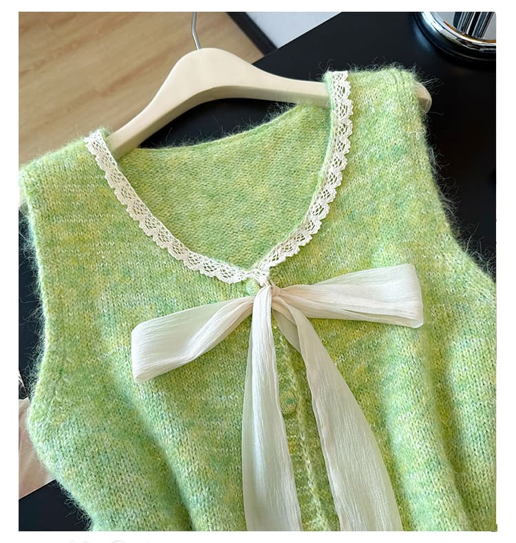 실사 빅 사이즈 이른 가을 외국 가스 나비 매듭 패치워크 니트 조끼 지방 mm 슬림해 보이는 연령 감소 스택 착용 베스트 맨위 여성 상세 이미지 12