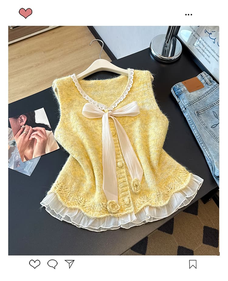 실사 빅 사이즈 이른 가을 외국 가스 나비 매듭 패치워크 니트 조끼 지방 mm 슬림해 보이는 연령 감소 스택 착용 베스트 맨위 여성 상세 이미지 14