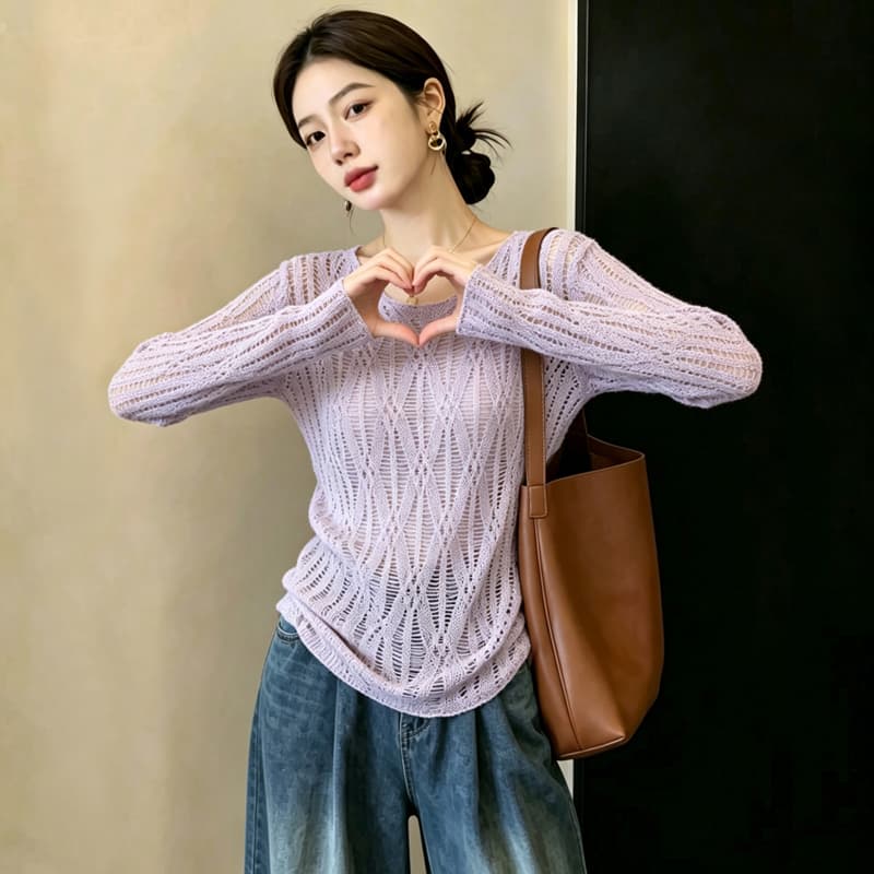 실사 빅 사이즈 이른 가을 외국 가스 홀로우 아웃 자수 시스루 센스 슬림해 보이는 달콤함 니트 다용도 지방 mm 긴팔 맨위 여성 이미지 5