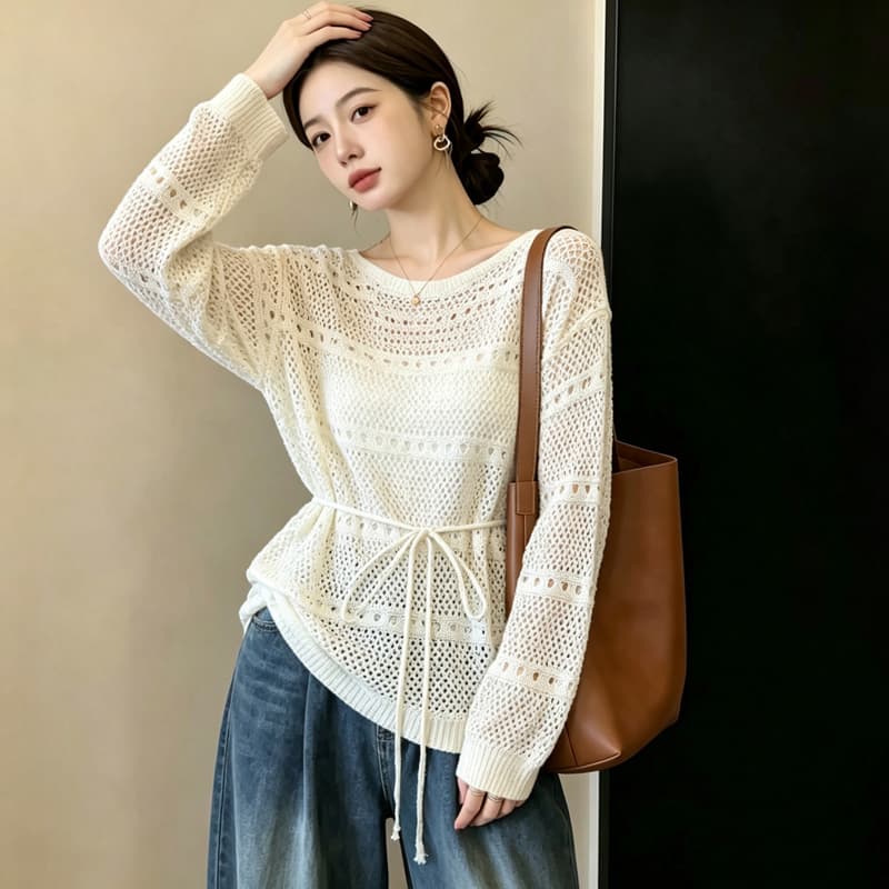 실사 빅 사이즈 이른 가을 외국 가스 홀로우 아웃 시스루 센스 니트 지방 mm 표지 고기 슬림해 보이는 레이스업 허리 수축 긴팔 맨위 여성 이미지 6
