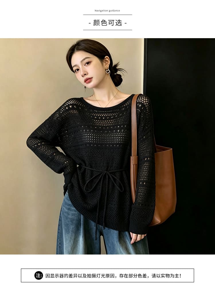 실사 빅 사이즈 이른 가을 외국 가스 홀로우 아웃 시스루 센스 니트 지방 mm 표지 고기 슬림해 보이는 레이스업 허리 수축 긴팔 맨위 여성 상세 이미지 4