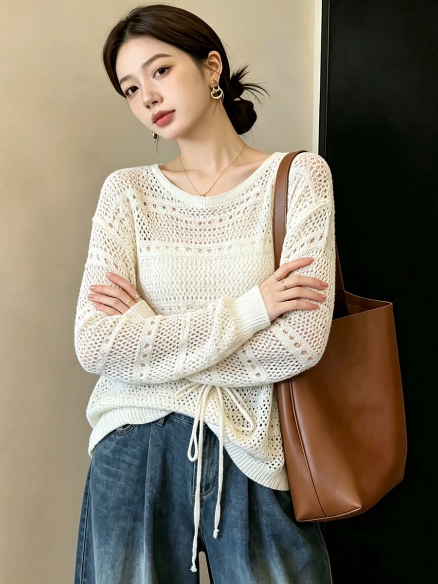 실사 빅 사이즈 이른 가을 외국 가스 홀로우 아웃 시스루 센스 니트 지방 mm 표지 고기 슬림해 보이는 레이스업 허리 수축 긴팔 맨위 여성 상세 이미지 11