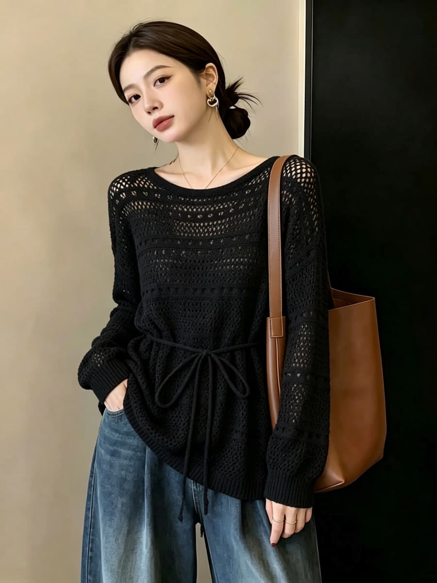 실사 빅 사이즈 이른 가을 외국 가스 홀로우 아웃 시스루 센스 니트 지방 mm 표지 고기 슬림해 보이는 레이스업 허리 수축 긴팔 맨위 여성 상세 이미지 18