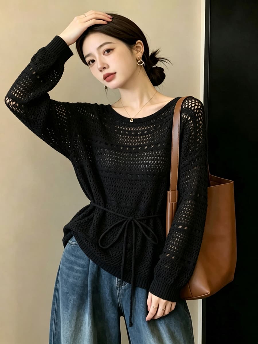 실사 빅 사이즈 이른 가을 외국 가스 홀로우 아웃 시스루 센스 니트 지방 mm 표지 고기 슬림해 보이는 레이스업 허리 수축 긴팔 맨위 여성 상세 이미지 19