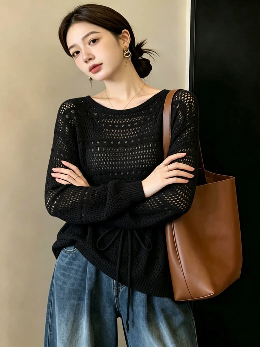 실사 빅 사이즈 이른 가을 외국 가스 홀로우 아웃 시스루 센스 니트 지방 mm 표지 고기 슬림해 보이는 레이스업 허리 수축 긴팔 맨위 여성 상세 이미지 20