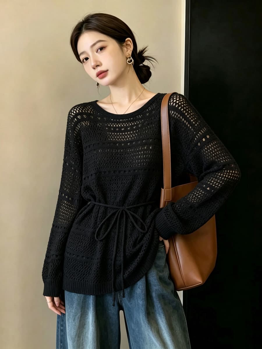실사 빅 사이즈 이른 가을 외국 가스 홀로우 아웃 시스루 센스 니트 지방 mm 표지 고기 슬림해 보이는 레이스업 허리 수축 긴팔 맨위 여성 상세 이미지 21