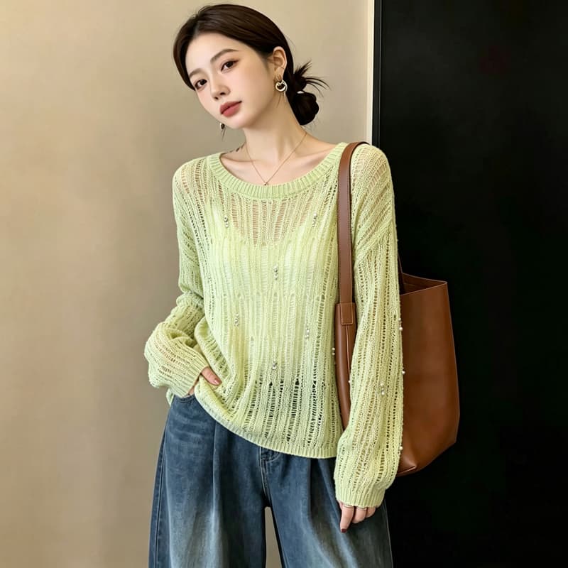 실사 빅 사이즈 이른 가을 느긋한 외국 가스 홀로우 아웃 비즈 박기 슬림해 보이는 패션 연령 감소 니트 긴 소매 맨위 블라우스 여성 이미지 2