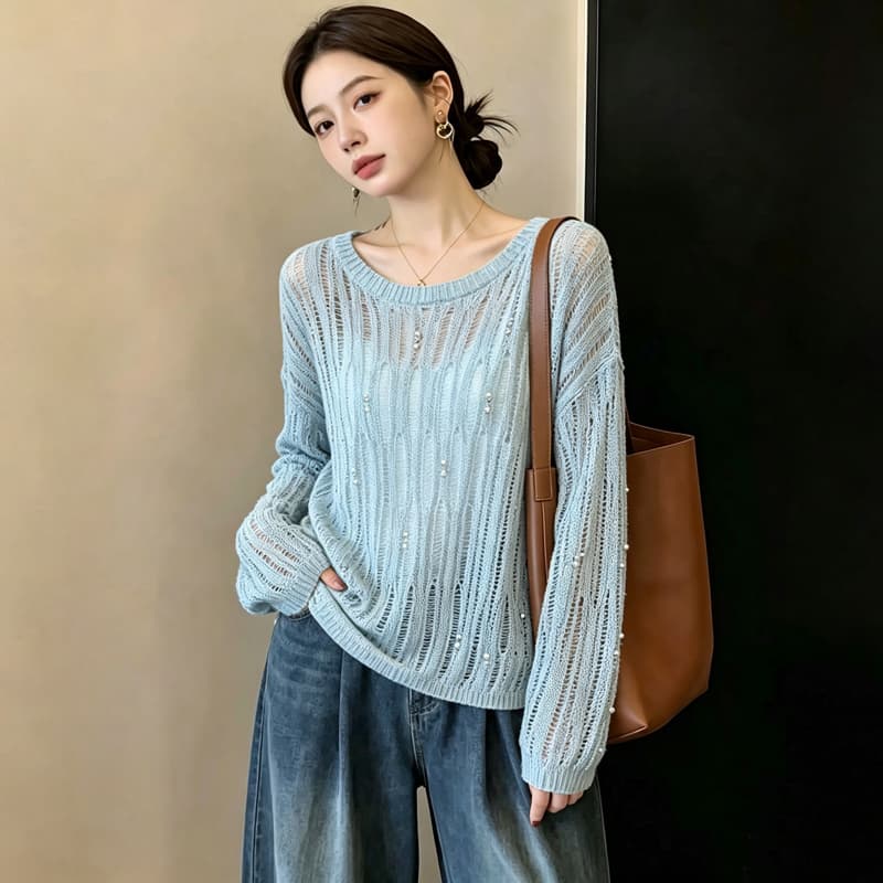 실사 빅 사이즈 이른 가을 느긋한 외국 가스 홀로우 아웃 비즈 박기 슬림해 보이는 패션 연령 감소 니트 긴 소매 맨위 블라우스 여성 이미지 3