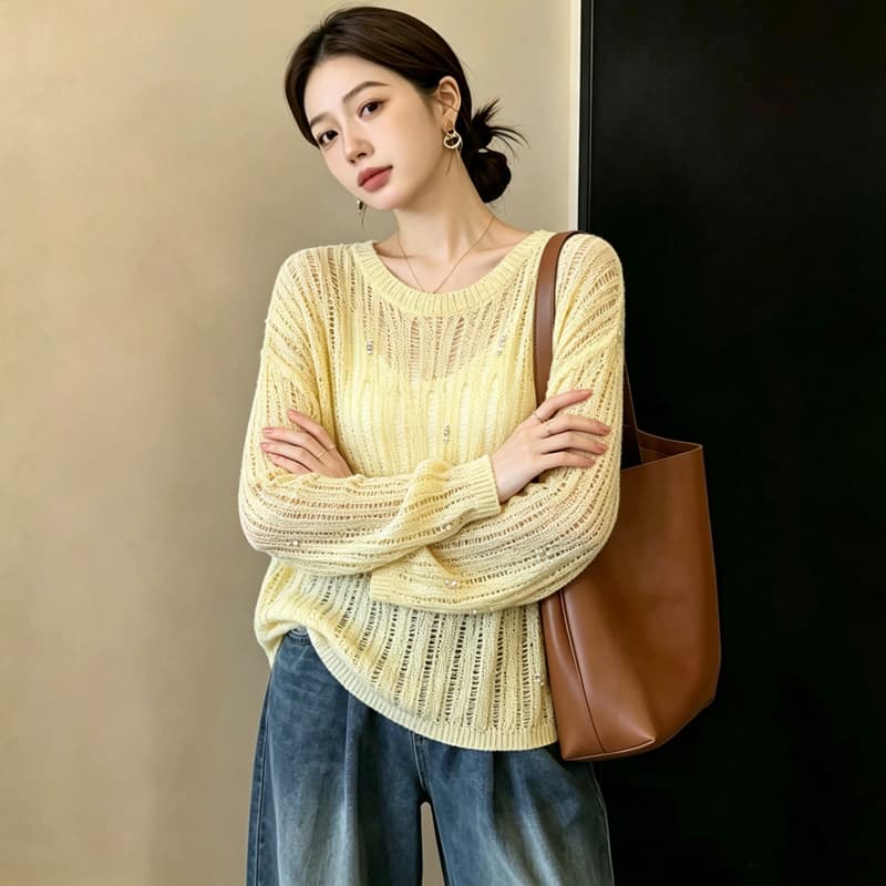 실사 빅 사이즈 이른 가을 느긋한 외국 가스 홀로우 아웃 비즈 박기 슬림해 보이는 패션 연령 감소 니트 긴 소매 맨위 블라우스 여성 이미지 6
