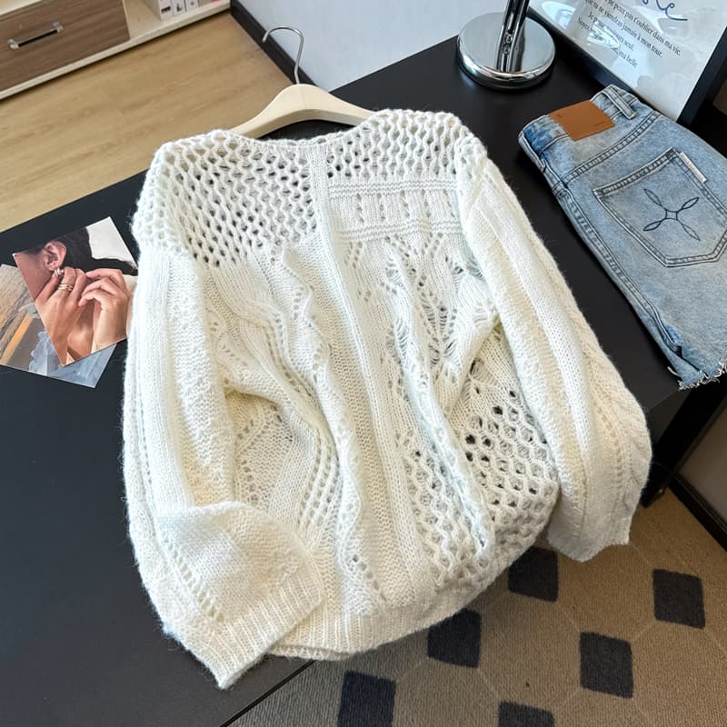 실사 빅 사이즈 이른 가을 새로운 한 부서 슬림해 보이는 외국 가스 홀로우 아웃 블라우스 자수 패션 연령 감소 니트 긴 소매 맨위 이미지 5