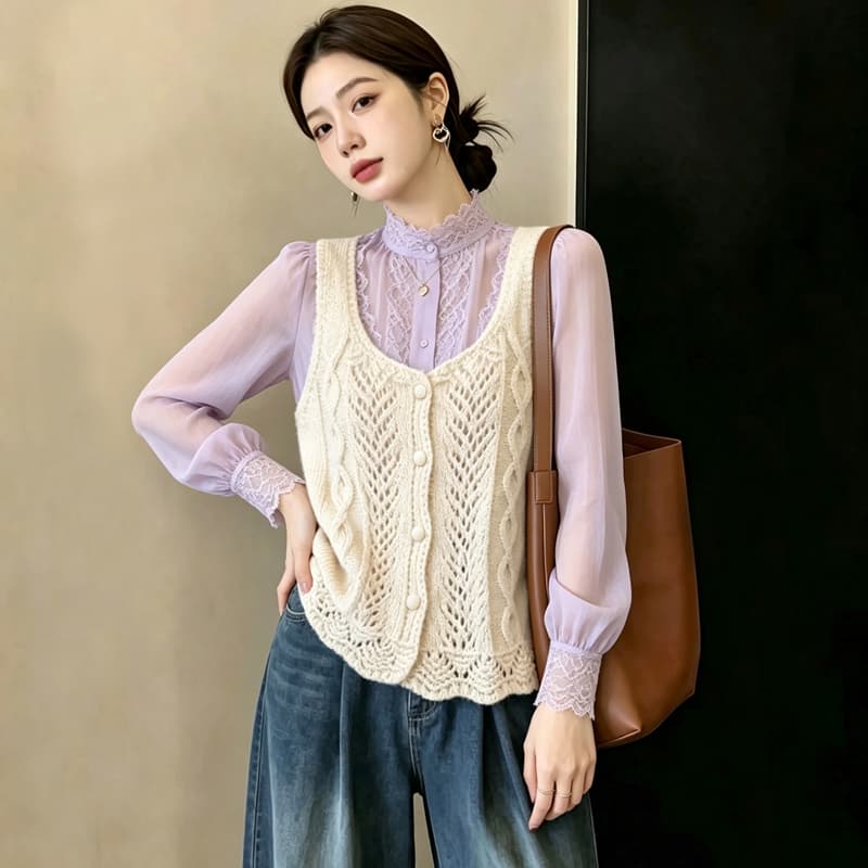 실사 빅 사이즈 이른 가을 외국 가스 홀로우 아웃 자수 니트 조끼 지방 mm 슬림해 보이는 연령 감소 스택 착용 베스트 맨위 여성 이미지 4