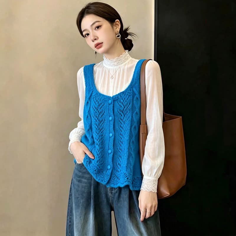 실사 빅 사이즈 이른 가을 외국 가스 홀로우 아웃 자수 니트 조끼 지방 mm 슬림해 보이는 연령 감소 스택 착용 베스트 맨위 여성 이미지 2