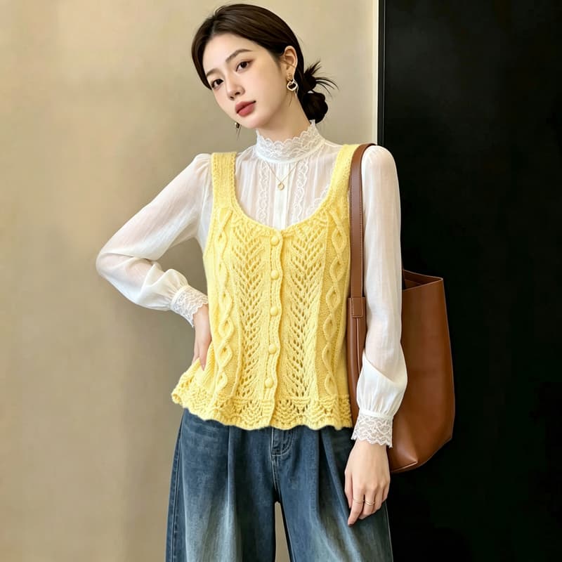 실사 빅 사이즈 이른 가을 외국 가스 홀로우 아웃 자수 니트 조끼 지방 mm 슬림해 보이는 연령 감소 스택 착용 베스트 맨위 여성 이미지 3