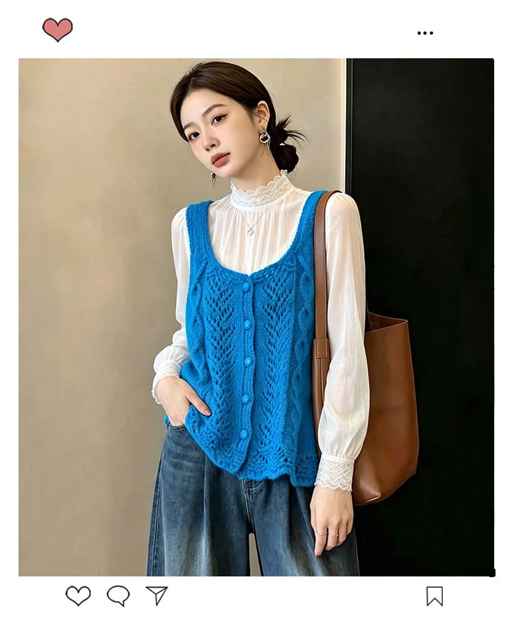 실사 빅 사이즈 이른 가을 외국 가스 홀로우 아웃 자수 니트 조끼 지방 mm 슬림해 보이는 연령 감소 스택 착용 베스트 맨위 여성 상세 이미지 1