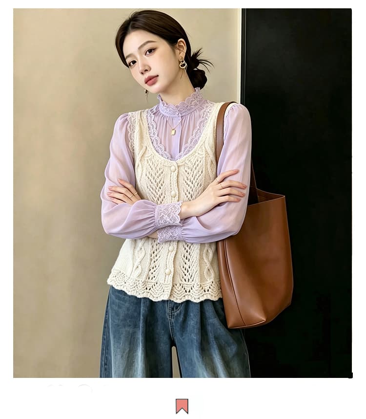 실사 빅 사이즈 이른 가을 외국 가스 홀로우 아웃 자수 니트 조끼 지방 mm 슬림해 보이는 연령 감소 스택 착용 베스트 맨위 여성 상세 이미지 2