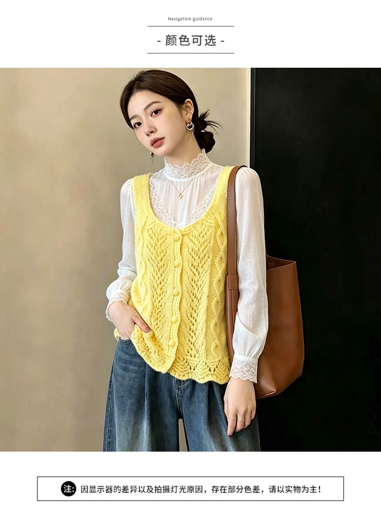 실사 빅 사이즈 이른 가을 외국 가스 홀로우 아웃 자수 니트 조끼 지방 mm 슬림해 보이는 연령 감소 스택 착용 베스트 맨위 여성 상세 이미지 4