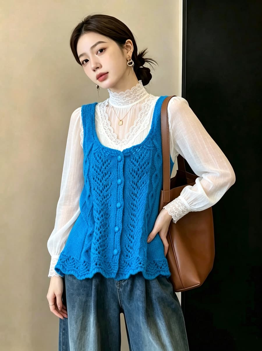 실사 빅 사이즈 이른 가을 외국 가스 홀로우 아웃 자수 니트 조끼 지방 mm 슬림해 보이는 연령 감소 스택 착용 베스트 맨위 여성 상세 이미지 9