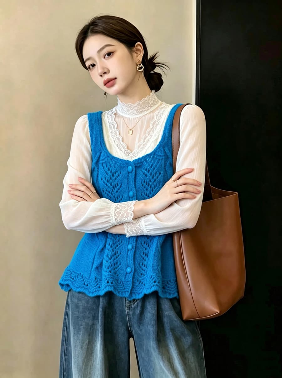실사 빅 사이즈 이른 가을 외국 가스 홀로우 아웃 자수 니트 조끼 지방 mm 슬림해 보이는 연령 감소 스택 착용 베스트 맨위 여성 상세 이미지 11