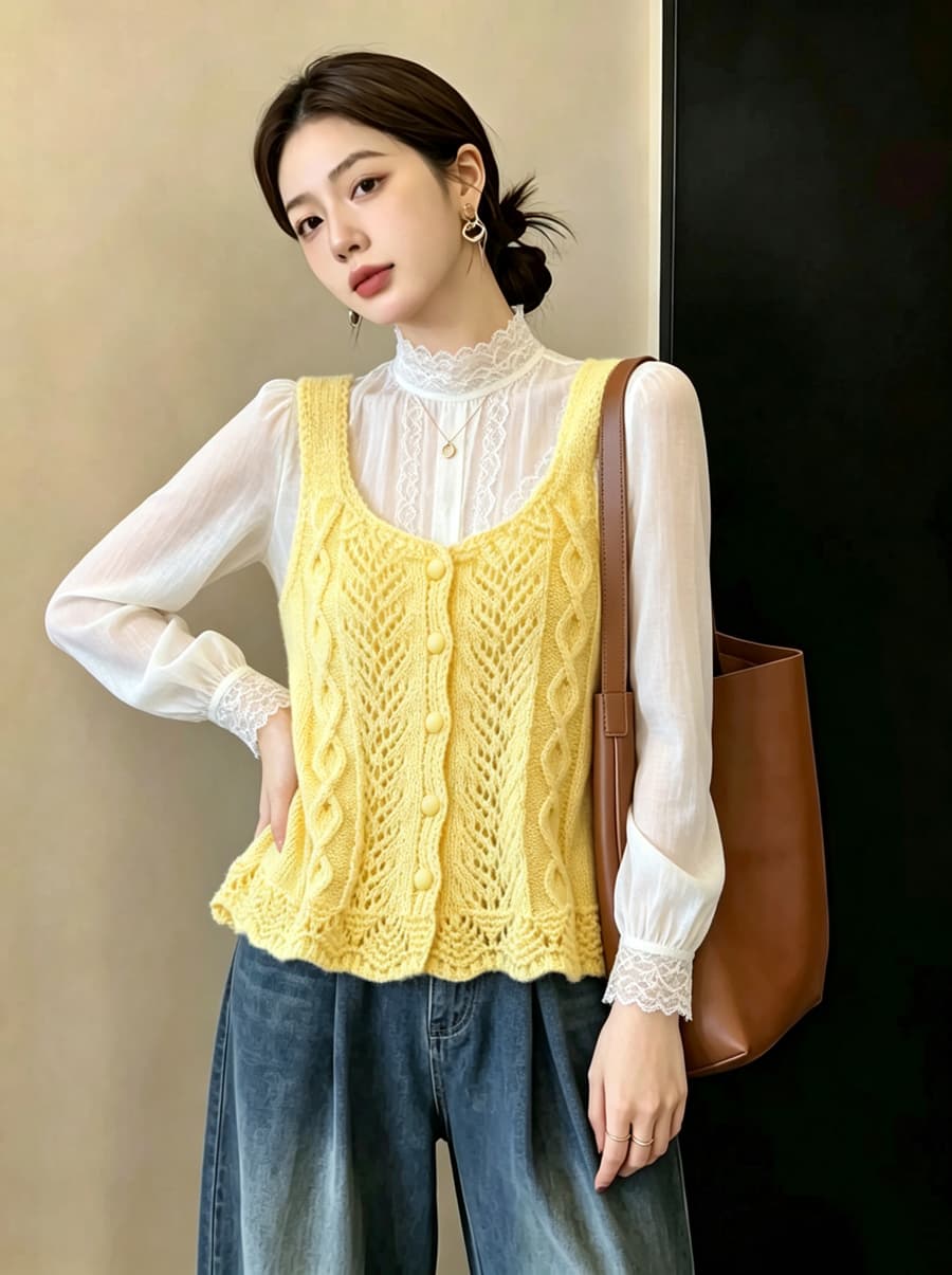 실사 빅 사이즈 이른 가을 외국 가스 홀로우 아웃 자수 니트 조끼 지방 mm 슬림해 보이는 연령 감소 스택 착용 베스트 맨위 여성 상세 이미지 12