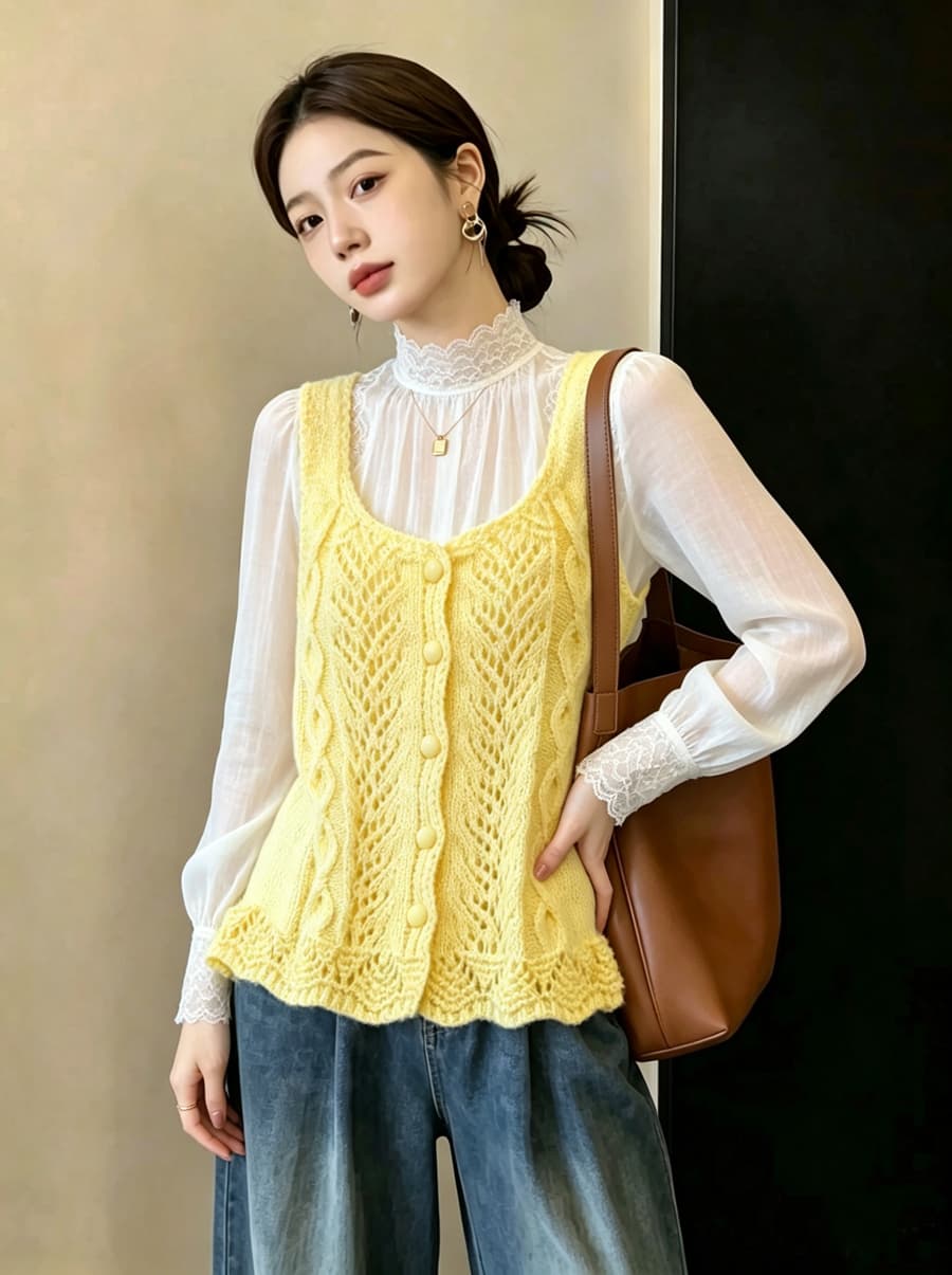 실사 빅 사이즈 이른 가을 외국 가스 홀로우 아웃 자수 니트 조끼 지방 mm 슬림해 보이는 연령 감소 스택 착용 베스트 맨위 여성 상세 이미지 14