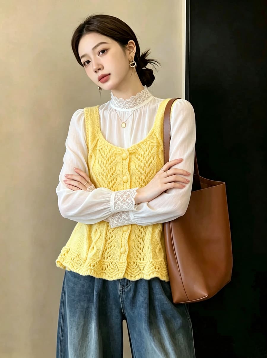 실사 빅 사이즈 이른 가을 외국 가스 홀로우 아웃 자수 니트 조끼 지방 mm 슬림해 보이는 연령 감소 스택 착용 베스트 맨위 여성 상세 이미지 15