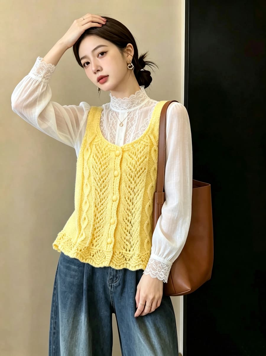 실사 빅 사이즈 이른 가을 외국 가스 홀로우 아웃 자수 니트 조끼 지방 mm 슬림해 보이는 연령 감소 스택 착용 베스트 맨위 여성 상세 이미지 16