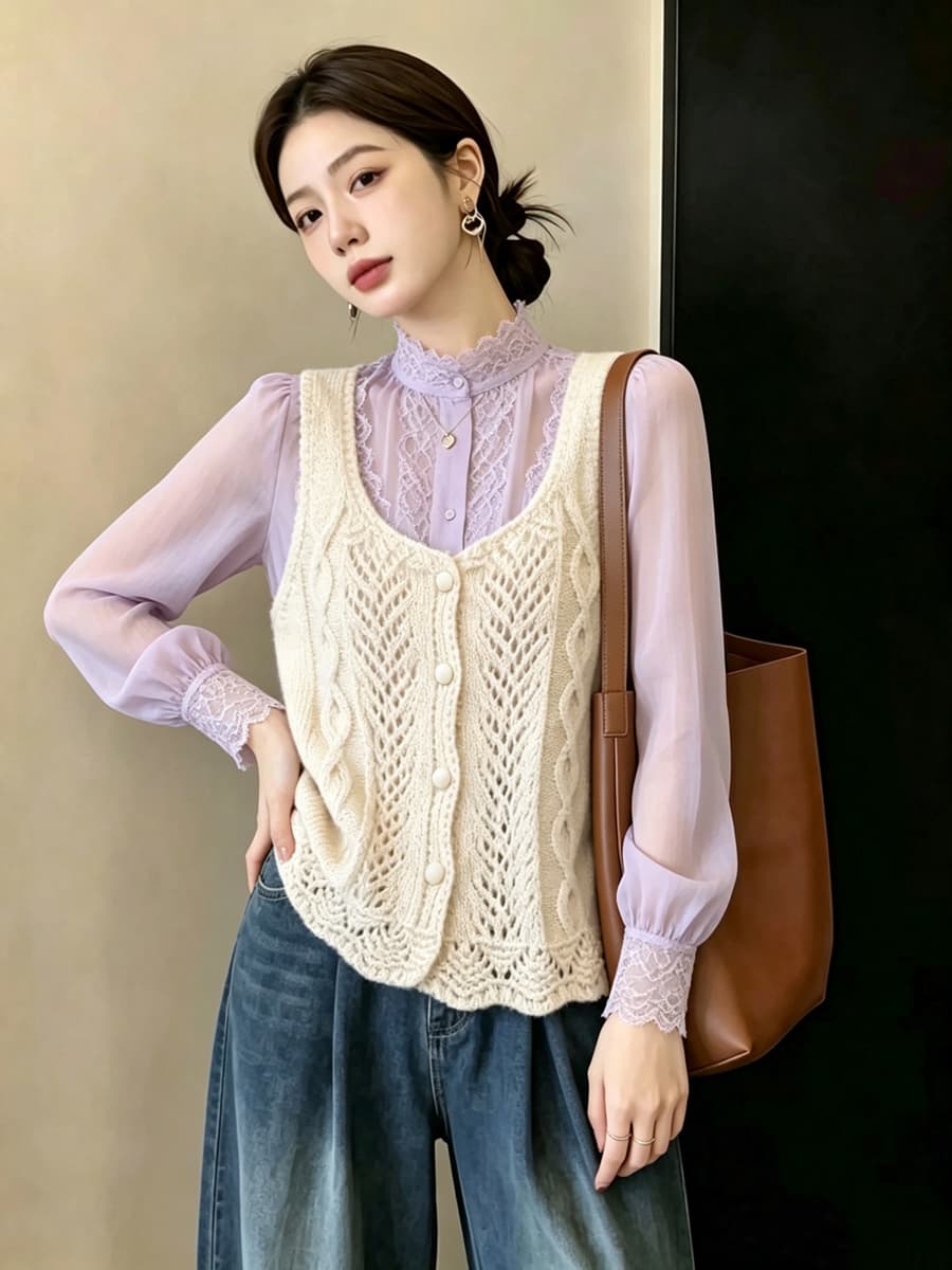 실사 빅 사이즈 이른 가을 외국 가스 홀로우 아웃 자수 니트 조끼 지방 mm 슬림해 보이는 연령 감소 스택 착용 베스트 맨위 여성 상세 이미지 17