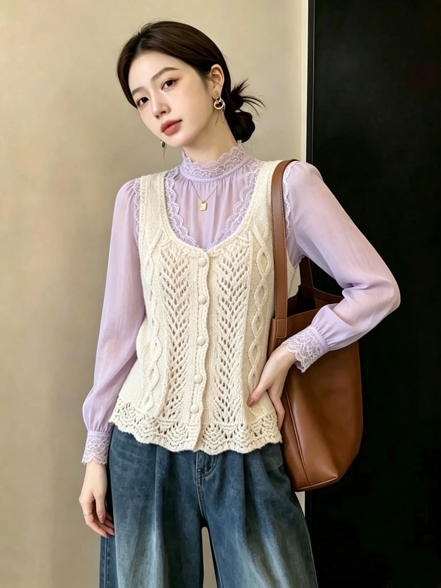 실사 빅 사이즈 이른 가을 외국 가스 홀로우 아웃 자수 니트 조끼 지방 mm 슬림해 보이는 연령 감소 스택 착용 베스트 맨위 여성 상세 이미지 18