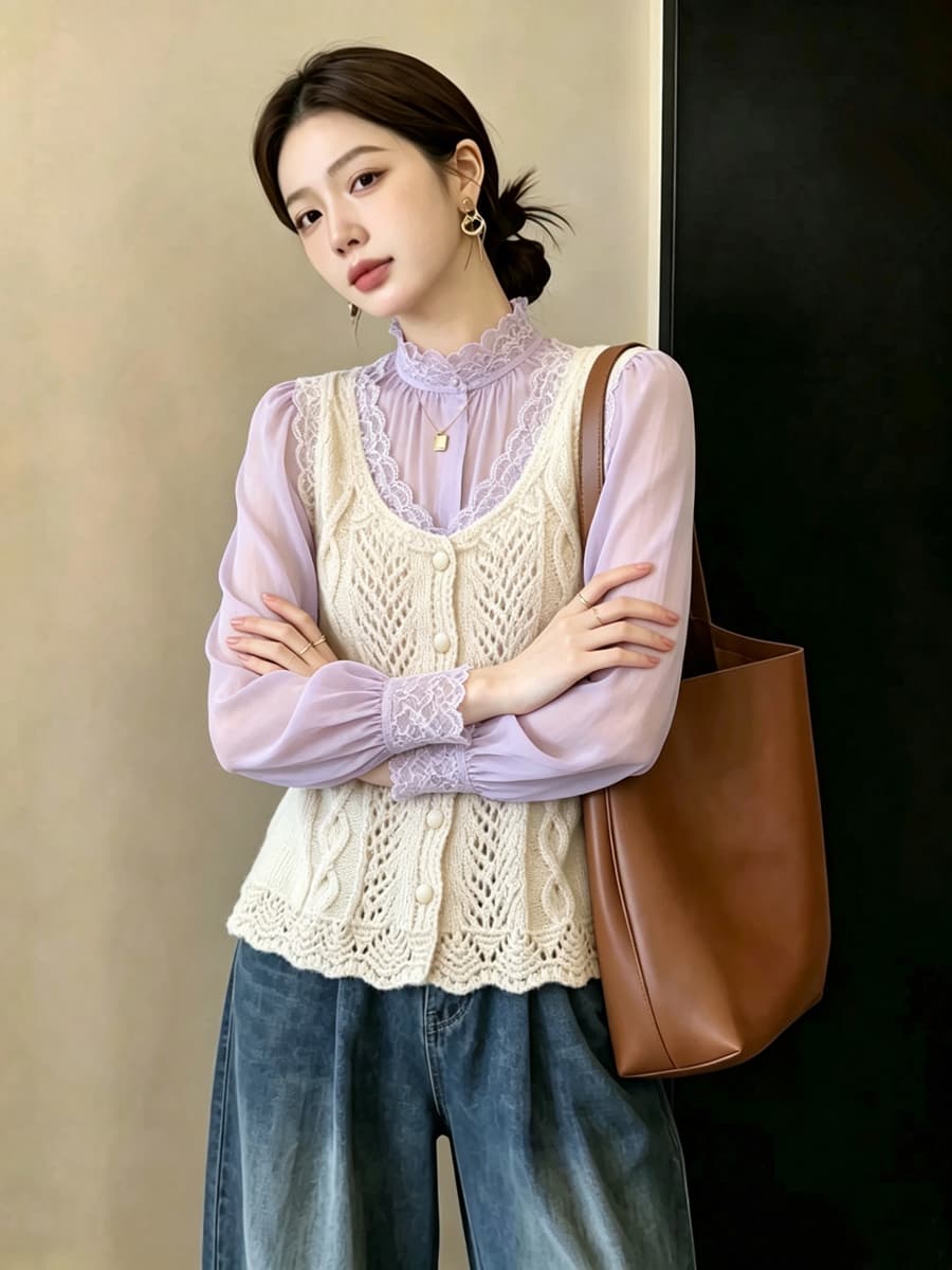 실사 빅 사이즈 이른 가을 외국 가스 홀로우 아웃 자수 니트 조끼 지방 mm 슬림해 보이는 연령 감소 스택 착용 베스트 맨위 여성 상세 이미지 20