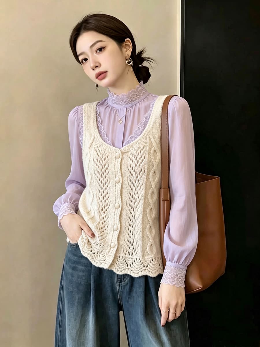 실사 빅 사이즈 이른 가을 외국 가스 홀로우 아웃 자수 니트 조끼 지방 mm 슬림해 보이는 연령 감소 스택 착용 베스트 맨위 여성 상세 이미지 21