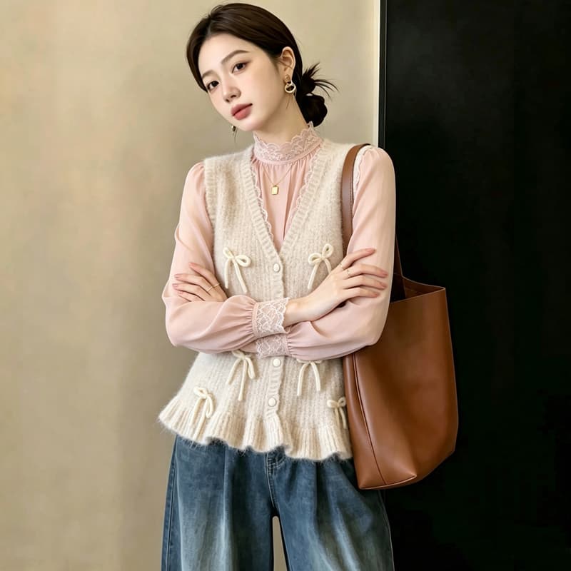 실사 이른 가을 새로운 빅 사이즈 외국 가스 3 차원 나비 매듭 니트 조끼 연령 감소 슬림해 보이는 다용도 스택 착용 조끼 여자 이미지 4