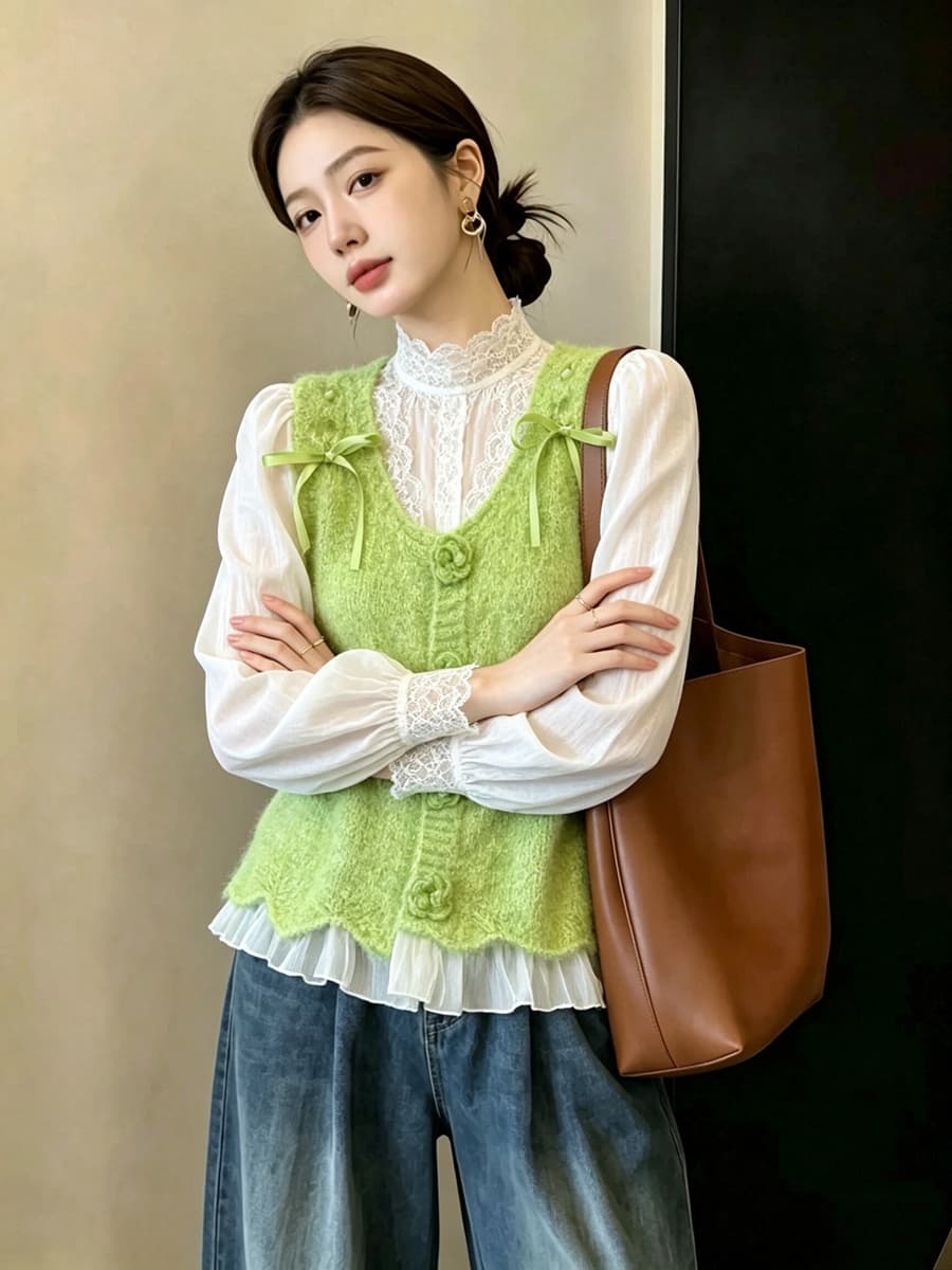 실사 빅 사이즈 이른 가을 외국 가스 3 차원 꽃 망사 패치워크 니트 조끼 슬림해 보이는 연령 감소 스택 착용 베스트 맨위 상세 이미지 10