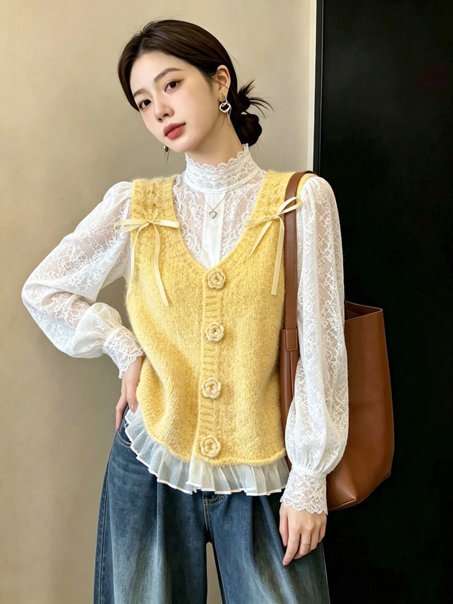 실사 빅 사이즈 이른 가을 외국 가스 3 차원 꽃 망사 패치워크 니트 조끼 슬림해 보이는 연령 감소 스택 착용 베스트 맨위 상세 이미지 14