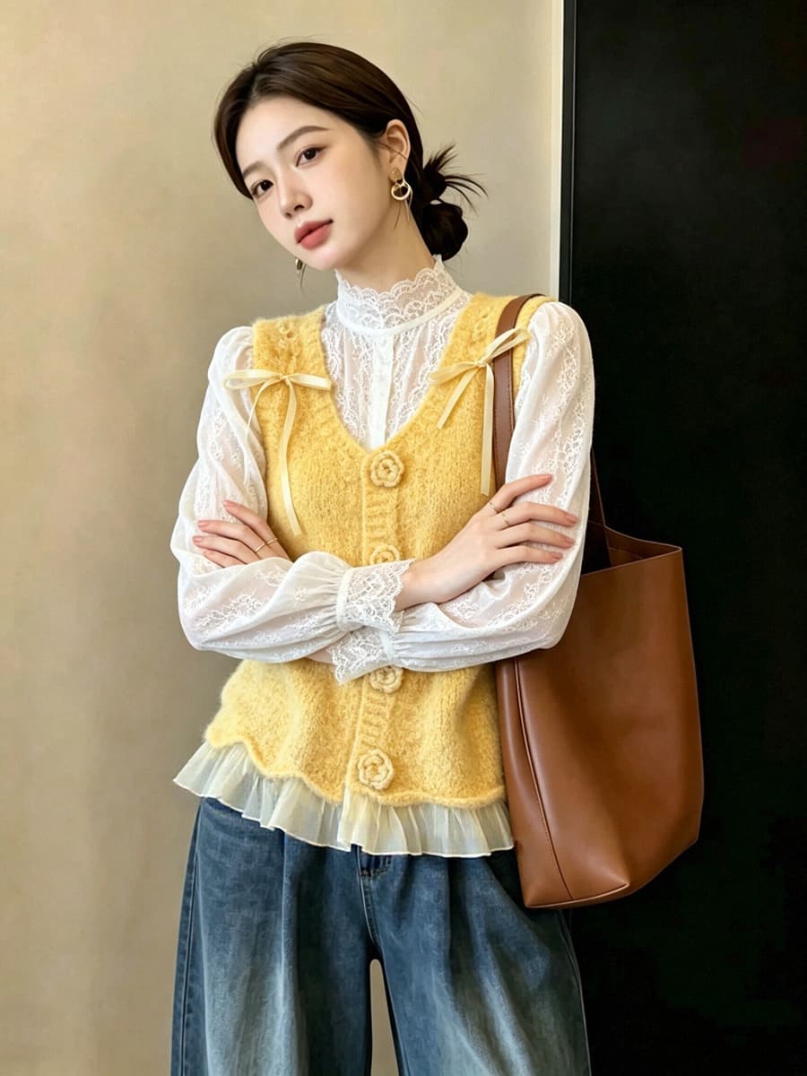 실사 빅 사이즈 이른 가을 외국 가스 3 차원 꽃 망사 패치워크 니트 조끼 슬림해 보이는 연령 감소 스택 착용 베스트 맨위 상세 이미지 16