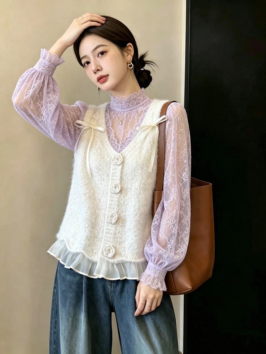 실사 빅 사이즈 이른 가을 외국 가스 3 차원 꽃 망사 패치워크 니트 조끼 슬림해 보이는 연령 감소 스택 착용 베스트 맨위 상세 이미지 26