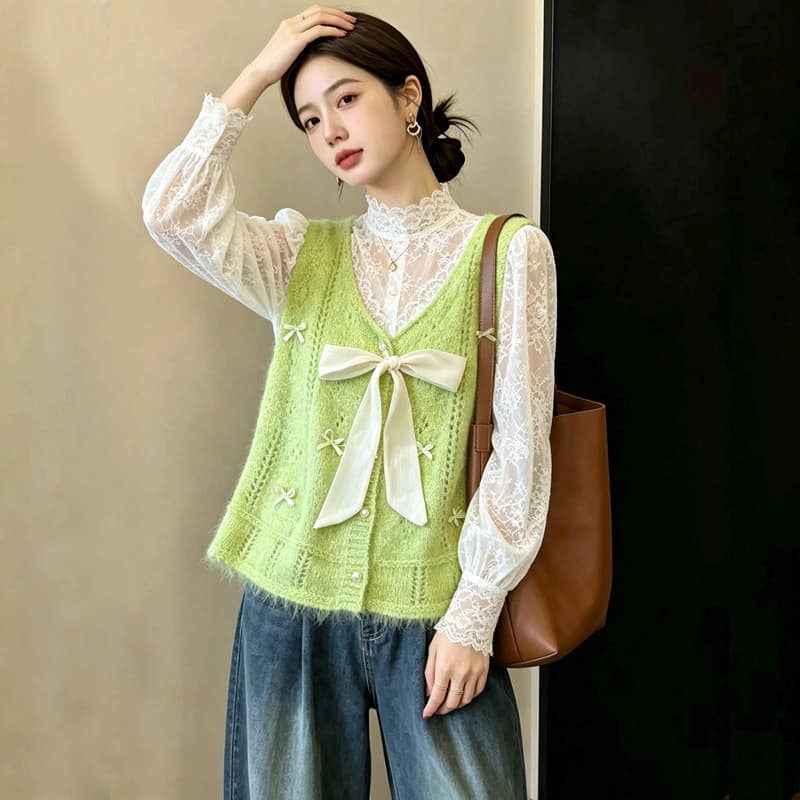 실사 빅 사이즈 이른 가을 외국 가스 나비 매듭 홀로우 아웃 니트 조끼 지방 mm 슬림해 보이는 연령 감소 스택 착용 베스트 맨위 여성 이미지 6