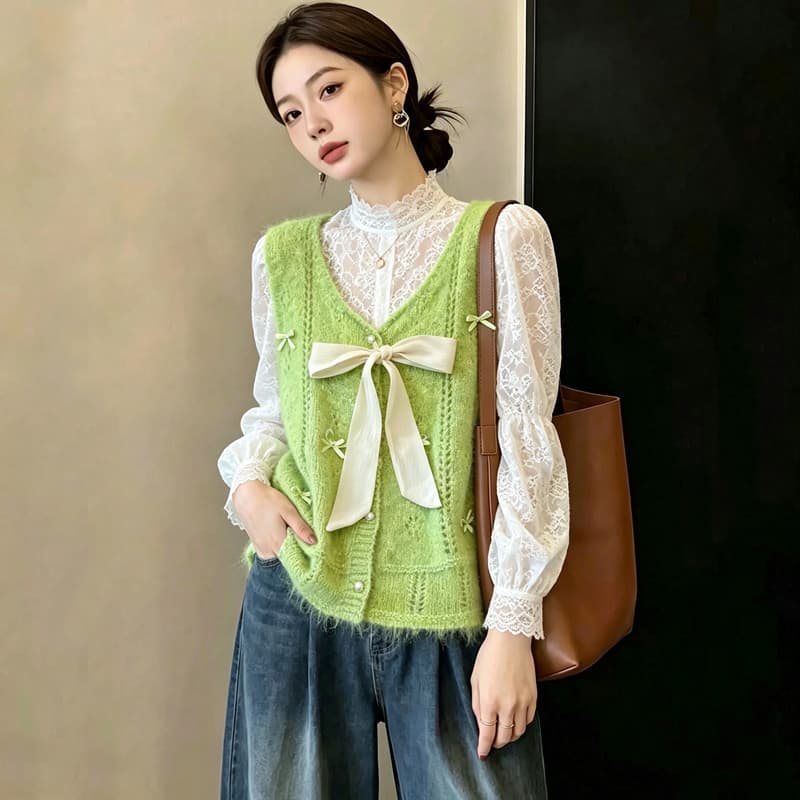 실사 빅 사이즈 이른 가을 외국 가스 나비 매듭 홀로우 아웃 니트 조끼 지방 mm 슬림해 보이는 연령 감소 스택 착용 베스트 맨위 여성 이미지 3