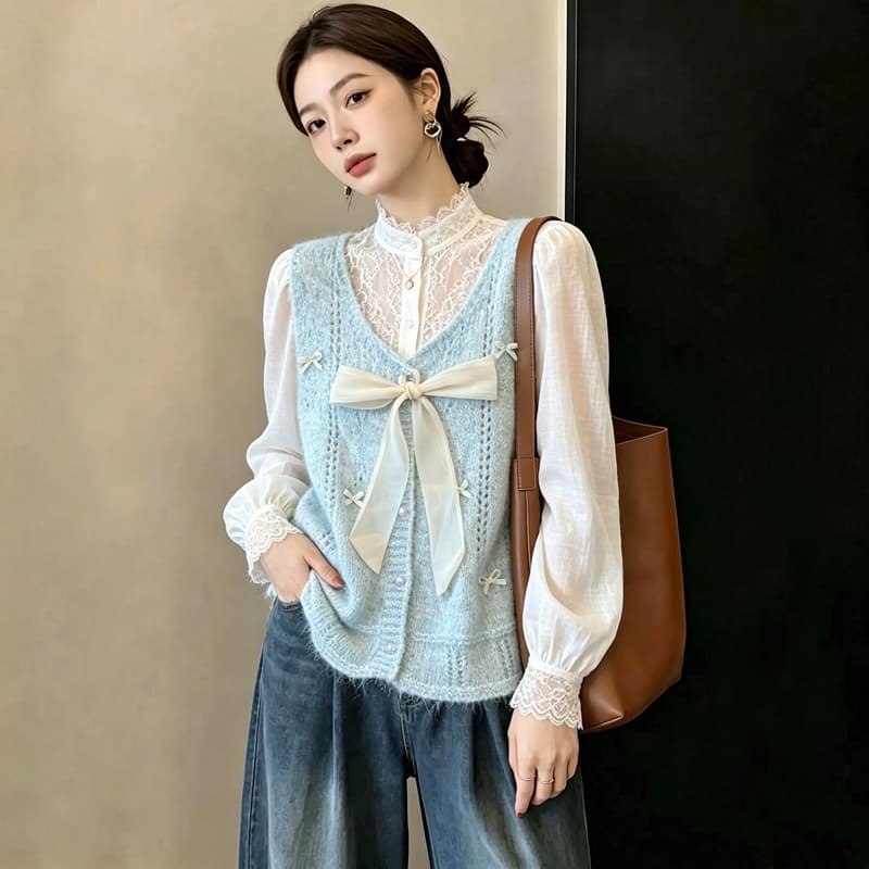 실사 빅 사이즈 이른 가을 외국 가스 나비 매듭 홀로우 아웃 니트 조끼 지방 mm 슬림해 보이는 연령 감소 스택 착용 베스트 맨위 여성 이미지 4