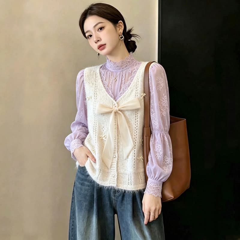 실사 빅 사이즈 이른 가을 외국 가스 나비 매듭 홀로우 아웃 니트 조끼 지방 mm 슬림해 보이는 연령 감소 스택 착용 베스트 맨위 여성 이미지 5